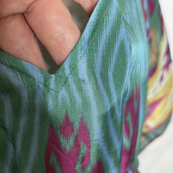 Figue Dress L Womens Multicolor Ikat Silk V Neck Short Sleeve Kaftan Tie Beach - Picture 9 of 12